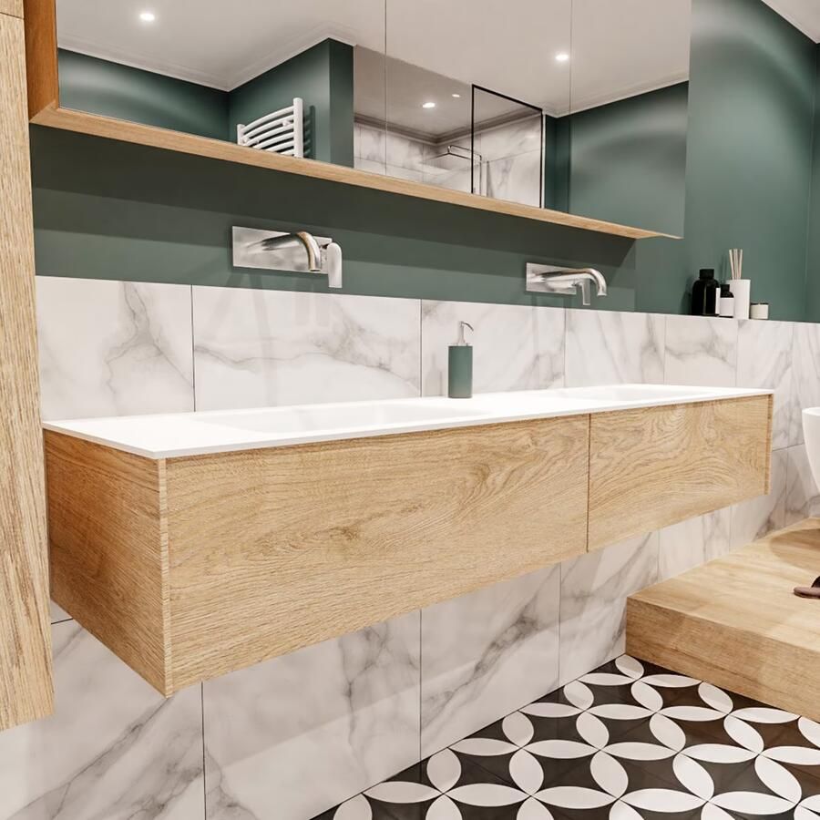 Zaro Lush onderkast 180cm in kleur WASHED OAK met 2 lades Push tot open geschikt voor dubbele wastafel. Compleet met solid surface wastafel cloud M63023met 0 kraangat(en)