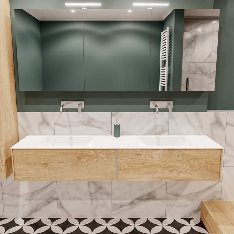 Zaro Lush onderkast 180cm in kleur WASHED OAK met 2 lades Push tot open geschikt voor dubbele wastafel. Compleet met solid surface wastafel cloud M63023met 0 kraangat(en) - Foto 2