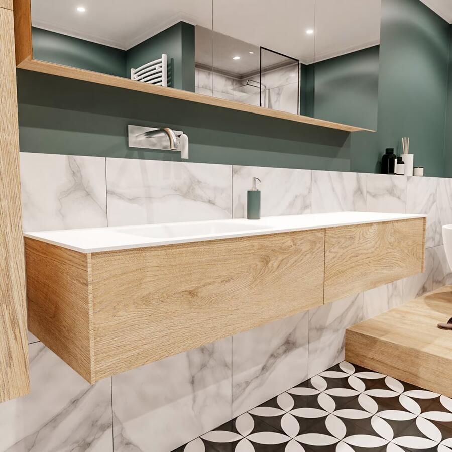 Zaro Lush onderkast 180cm in kleur WASHED OAK met 2 lades Push tot open geschikt voor linkse wastafel. Compleet met solid surface wastafel cloud M63021met 0 kraangat(en) - Foto 2