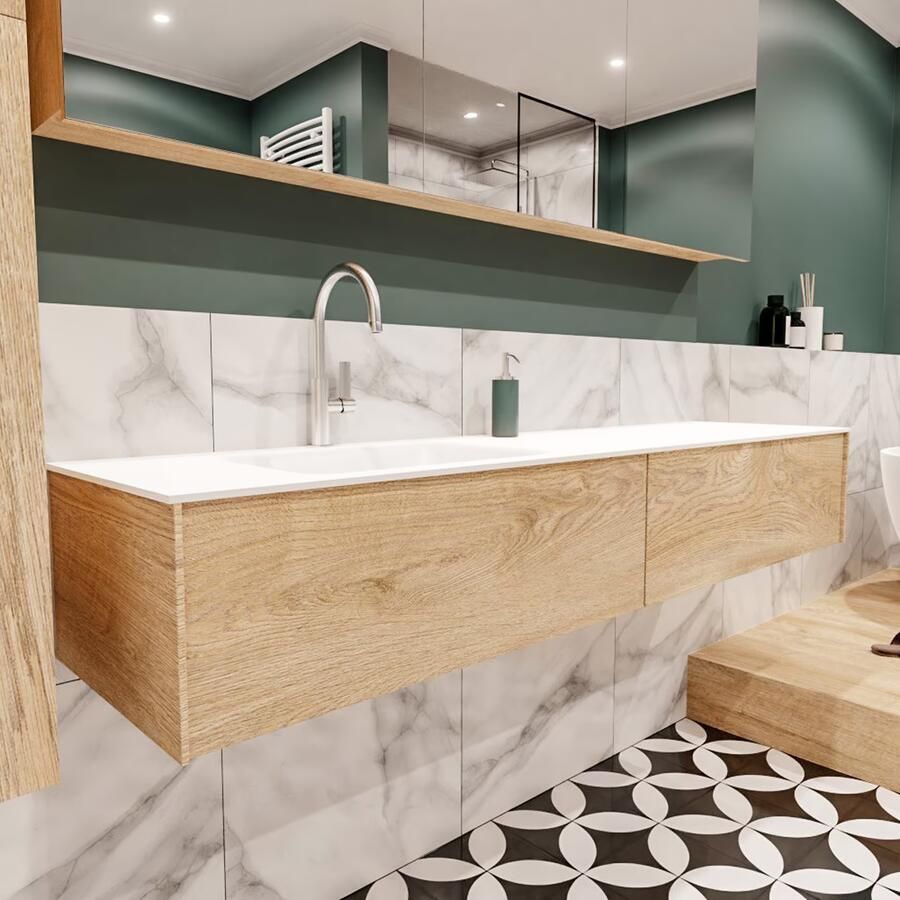 Zaro Lush onderkast 180cm in kleur WASHED OAK met 2 lades Push tot open geschikt voor linkse wastafel. Compleet met solid surface wastafel cloud M63021met 1 kraangat(en) - Foto 4