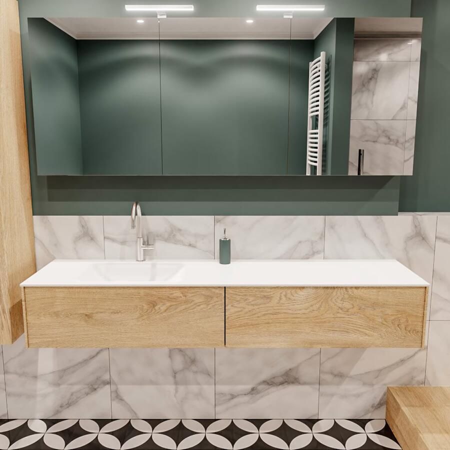 Zaro Lush onderkast 180cm in kleur WASHED OAK met 2 lades Push tot open geschikt voor linkse wastafel. Compleet met solid surface wastafel cloud M63021met 1 kraangat(en) - Foto 2
