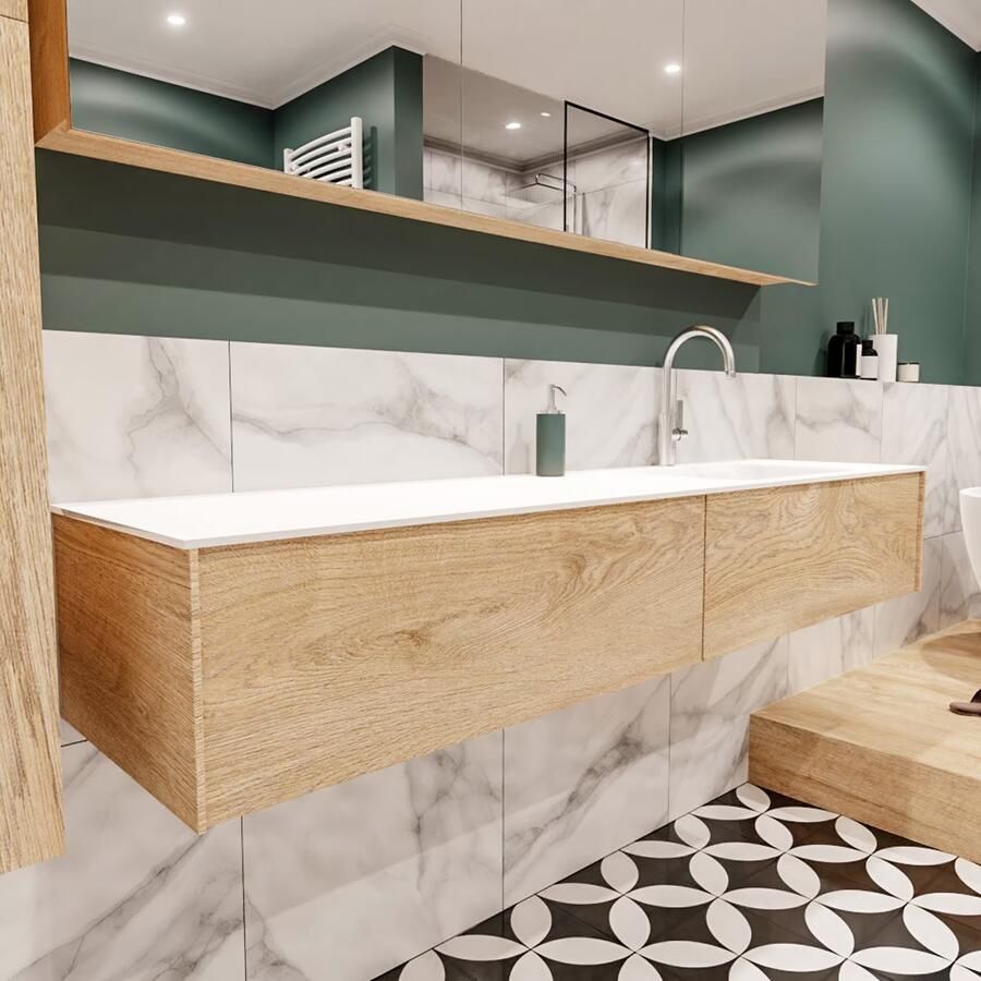 Zaro Lush onderkast 180cm in kleur WASHED OAK met 2 lades Push tot open geschikt voor rechtse wastafel. Compleet met solid surface wastafel cloud M63022met 1 kraangat(en) - Foto 3