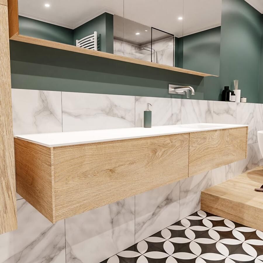 Zaro Lush onderkast 180cm in kleur WASHED OAK met 2 lades Push tot open geschikt voor rechtse wastafel. Compleet met solid surface wastafel cloud M63022met 0 kraangat(en)