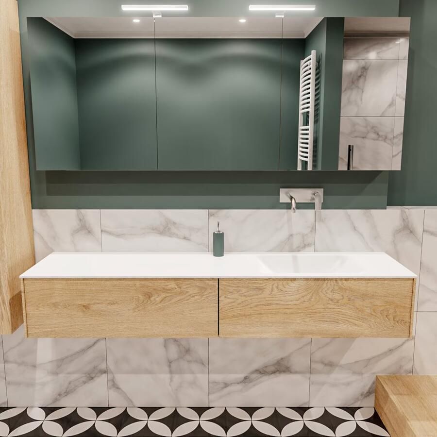 Zaro Lush onderkast 180cm in kleur WASHED OAK met 2 lades Push tot open geschikt voor rechtse wastafel. Compleet met solid surface wastafel cloud M63022met 0 kraangat(en) - Foto 2