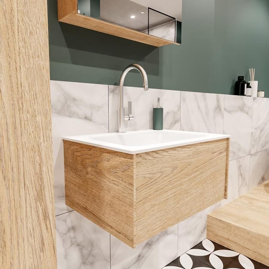 Zaro Lush onderkast 60cm in kleur WASHED OAK met 1 lade Push tot open geschikt voor gecentreerde wastafel. Compleet met solid surface wastafel cloud M35111met 1 kraangat(en) - Foto 4