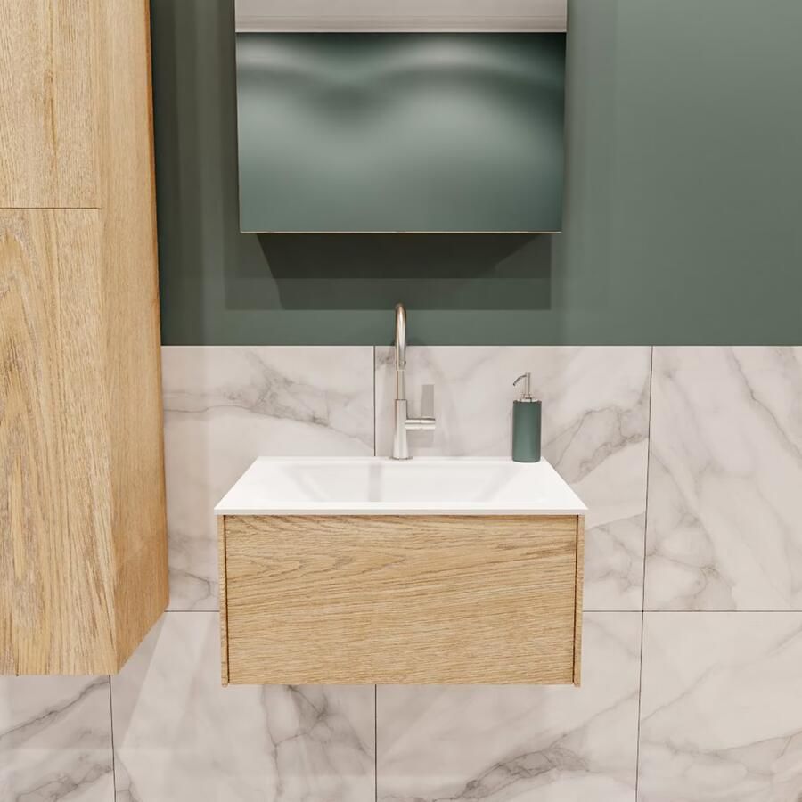 Zaro Lush onderkast 60cm in kleur WASHED OAK met 1 lade Push tot open geschikt voor gecentreerde wastafel. Compleet met solid surface wastafel cloud M35111met 1 kraangat(en) - Foto 2