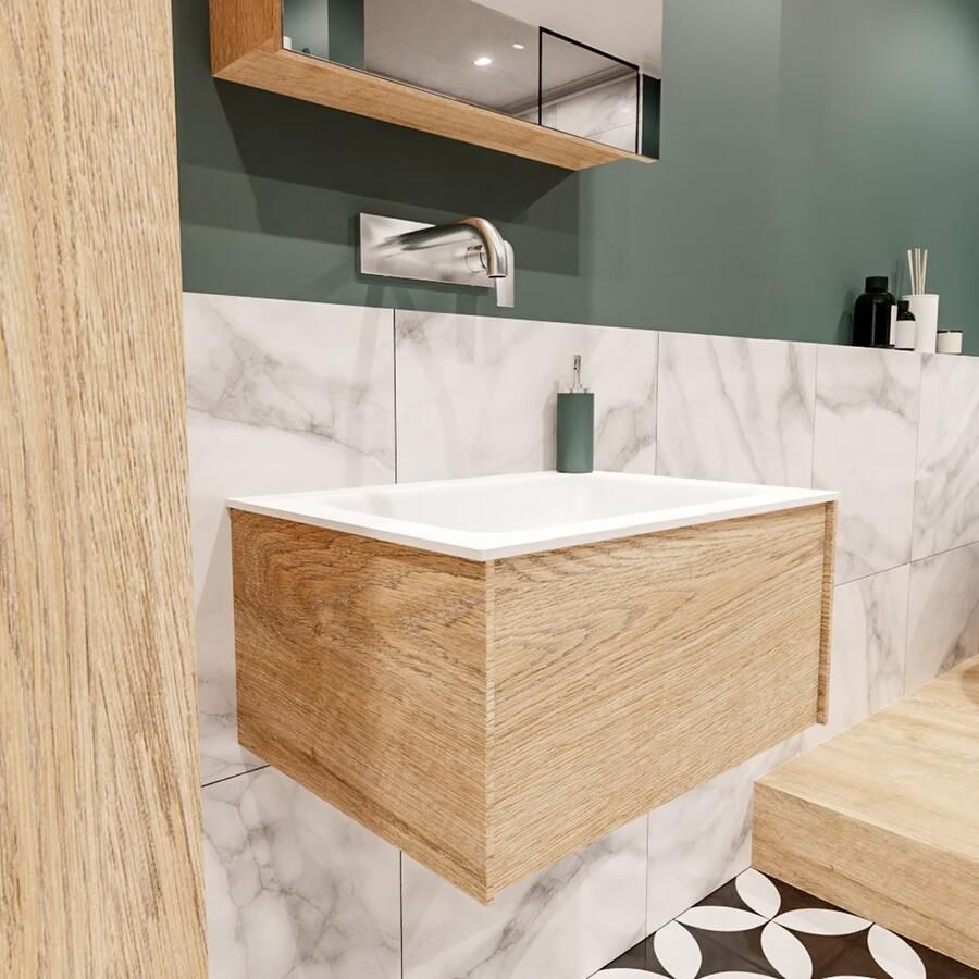 Zaro Lush onderkast 60cm in kleur WASHED OAK met 1 lade Push tot open geschikt voor gecentreerde wastafel. Compleet met solid surface wastafel cloud M35111met 0 kraangat(en) - Foto 4