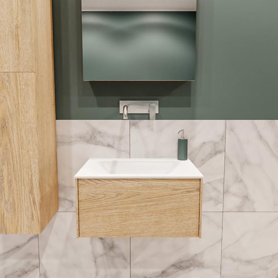 Zaro Lush onderkast 60cm in kleur WASHED OAK met 1 lade Push tot open geschikt voor gecentreerde wastafel. Compleet met solid surface wastafel cloud M35111met 0 kraangat(en) - Foto 2