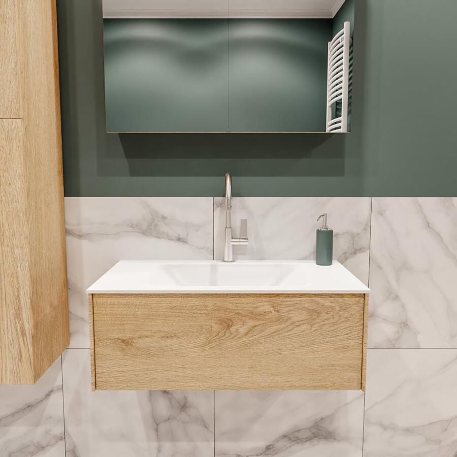 Zaro Lush onderkast 80cm in kleur WASHED OAK met 1 lade Push tot open geschikt voor gecentreerde wastafel. Compleet met solid surface wastafel cloud M35117met 1 kraangat(en) - Foto 2