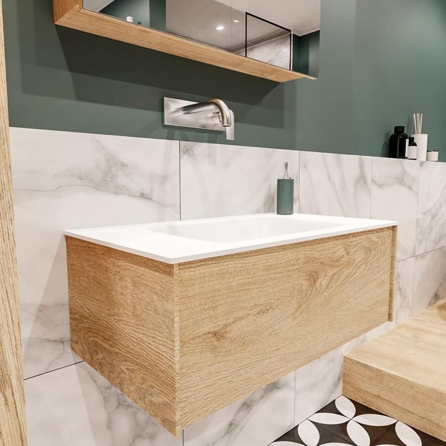 Zaro Lush onderkast 80cm in kleur WASHED OAK met 1 lade Push tot open geschikt voor gecentreerde wastafel. Compleet met solid surface wastafel cloud M35117met 0 kraangat(en)