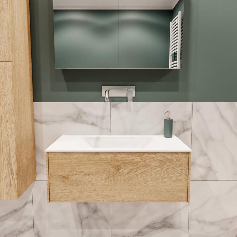 Zaro Lush onderkast 80cm in kleur WASHED OAK met 1 lade Push tot open geschikt voor gecentreerde wastafel. Compleet met solid surface wastafel cloud M35117met 0 kraangat(en) - Foto 2