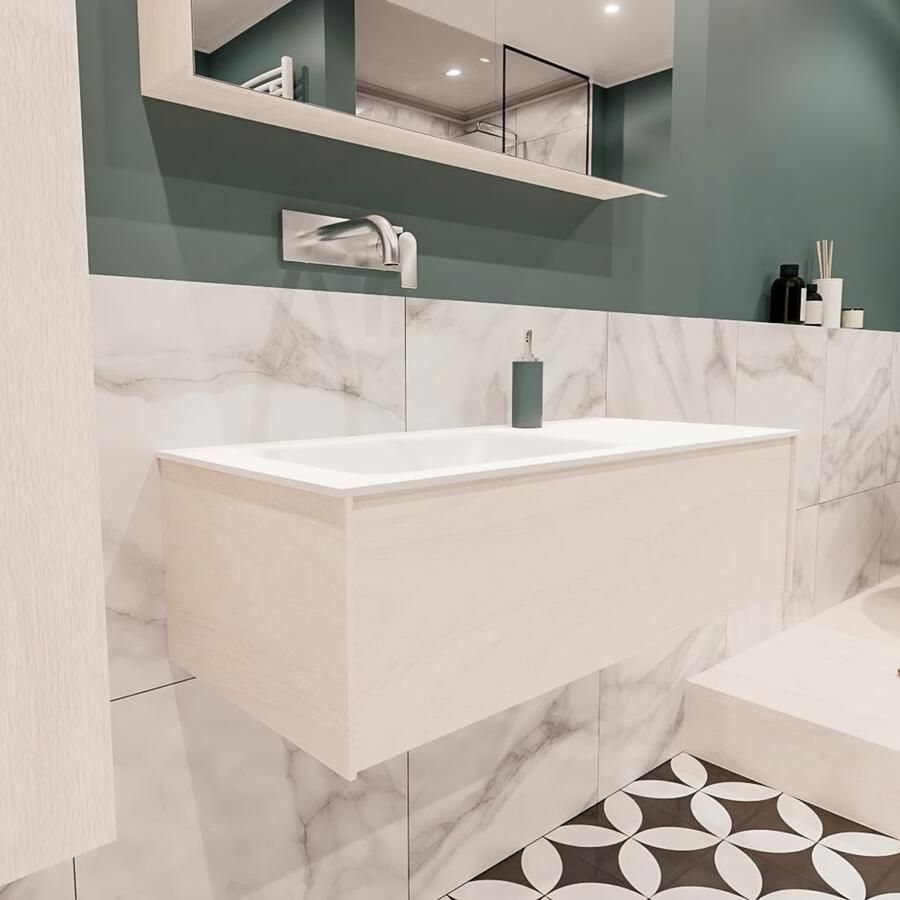 Zaro Lush onderkast 100cm in kleur UNDERLAYMENT met 1 lade Push tot open geschikt voor linkse wastafel. Compleet met solid surface wastafel cloud M35133met 0 kraangat(en) - Foto 3