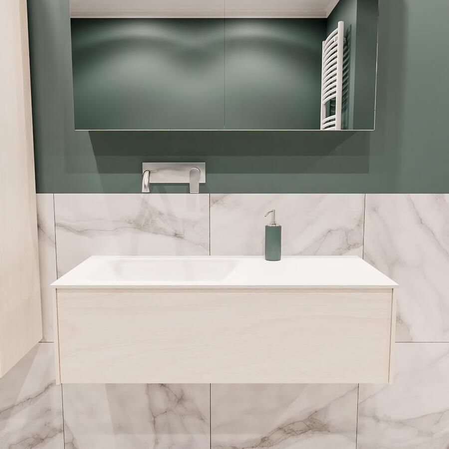 Zaro Lush onderkast 100cm in kleur UNDERLAYMENT met 1 lade Push tot open geschikt voor linkse wastafel. Compleet met solid surface wastafel cloud M35133met 0 kraangat(en)