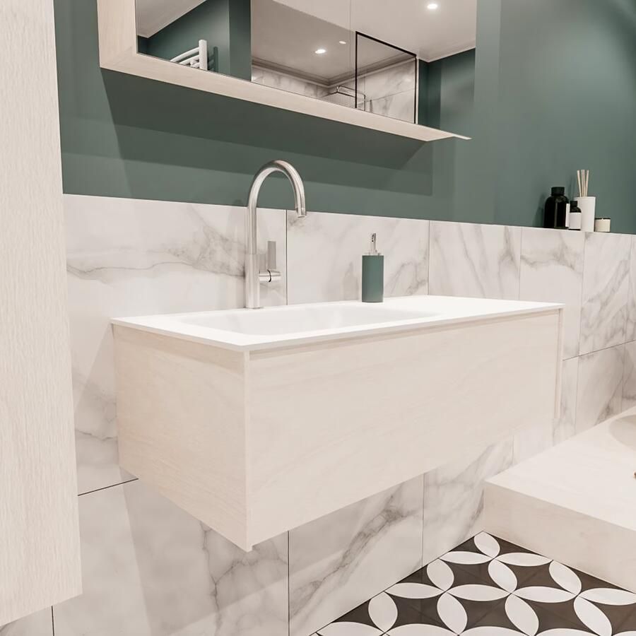 Zaro Lush onderkast 100cm in kleur UNDERLAYMENT met 1 lade Push tot open geschikt voor linkse wastafel. Compleet met solid surface wastafel cloud M35133met 1 kraangat(en) - Foto 3