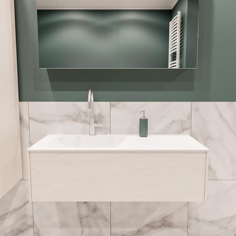 Zaro Lush onderkast 100cm in kleur UNDERLAYMENT met 1 lade Push tot open geschikt voor linkse wastafel. Compleet met solid surface wastafel cloud M35133met 1 kraangat(en)