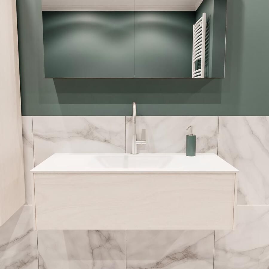 Zaro Lush onderkast 100cm in kleur UNDERLAYMENT met 1 lade Push tot open geschikt voor gecentreerde wastafel. Compleet met solid surface wastafel cloud M35132met 1 kraangat(en)