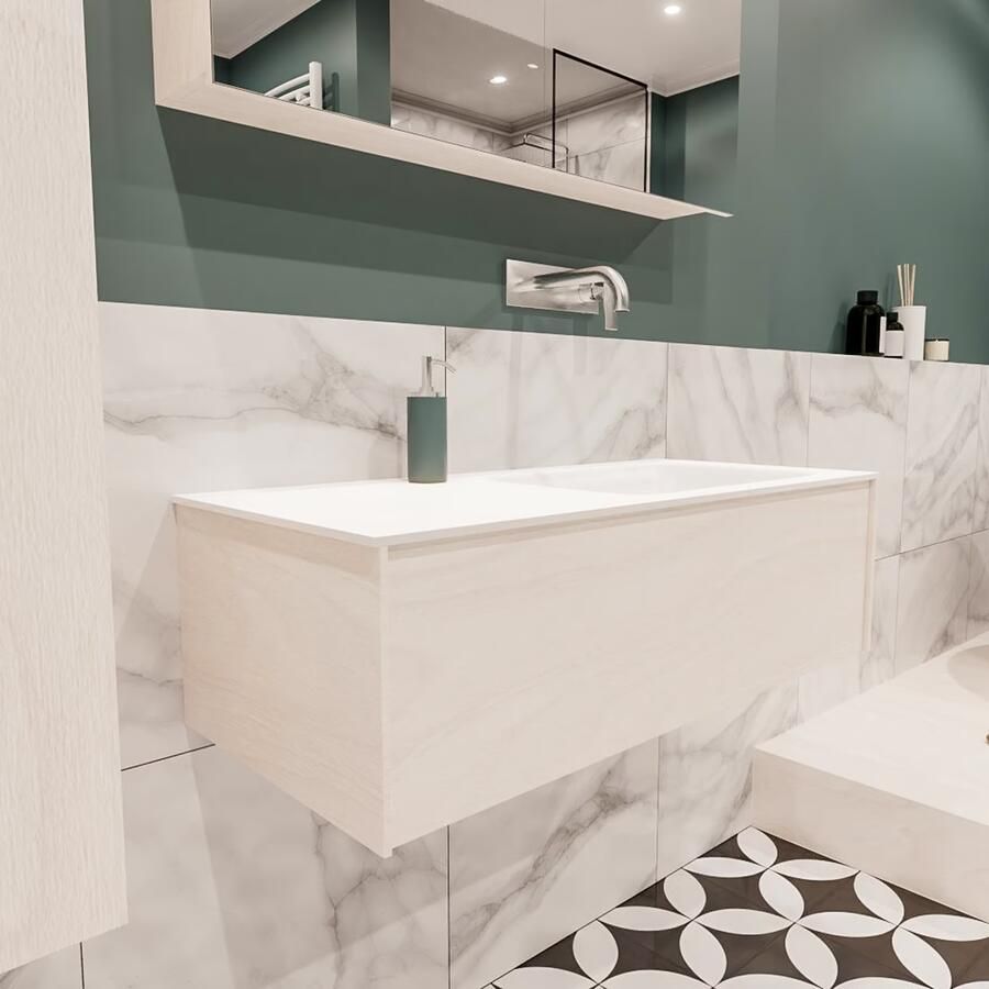 Zaro Lush onderkast 100cm in kleur UNDERLAYMENT met 1 lade Push tot open geschikt voor rechtse wastafel. Compleet met solid surface wastafel cloud M35134met 0 kraangat(en) - Foto 4