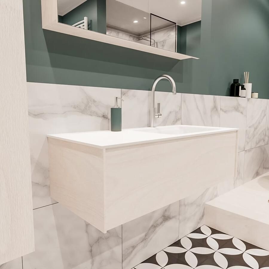 Zaro Lush onderkast 100cm in kleur UNDERLAYMENT met 1 lade Push tot open geschikt voor rechtse wastafel. Compleet met solid surface wastafel cloud M35134met 1 kraangat(en) - Foto 4