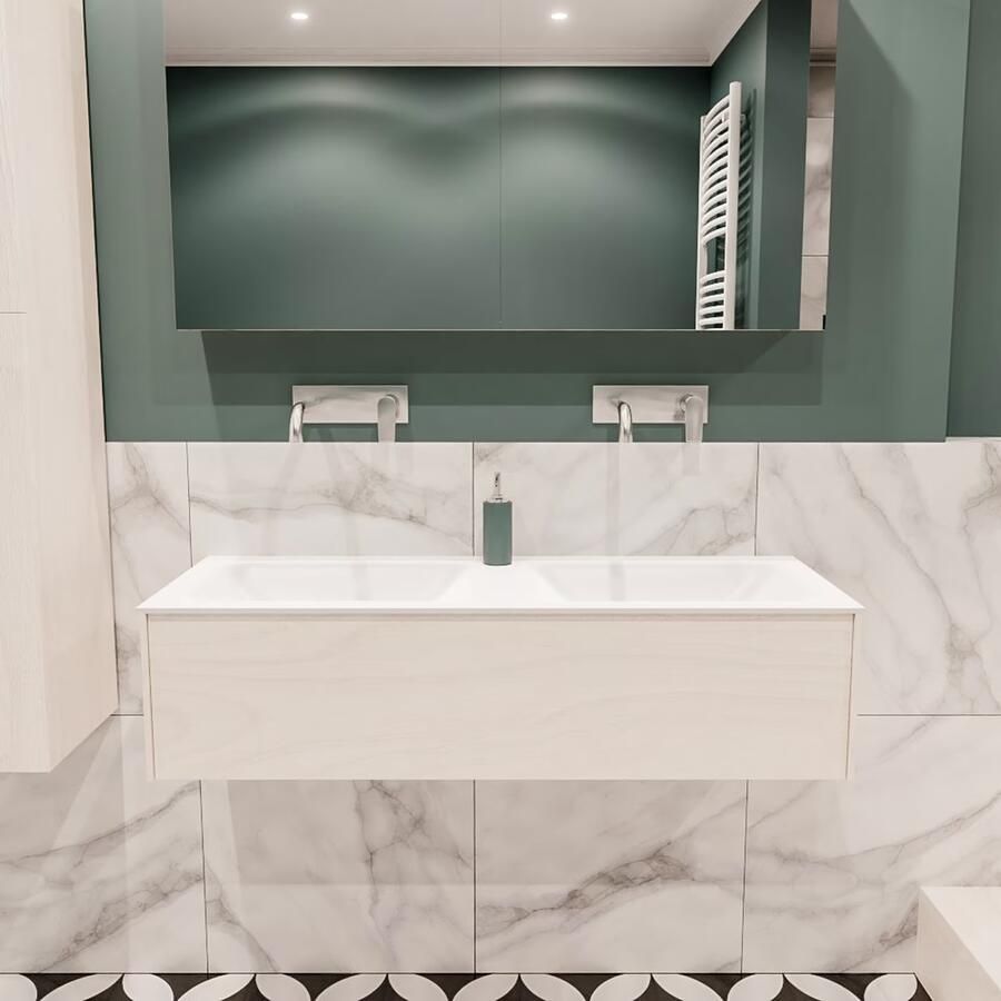 Zaro Lush onderkast 120cm in kleur UNDERLAYMENT met 1 lade Push tot open geschikt voor dubbele wastafel. Compleet met solid surface wastafel cloud M35165met 0 kraangat(en)