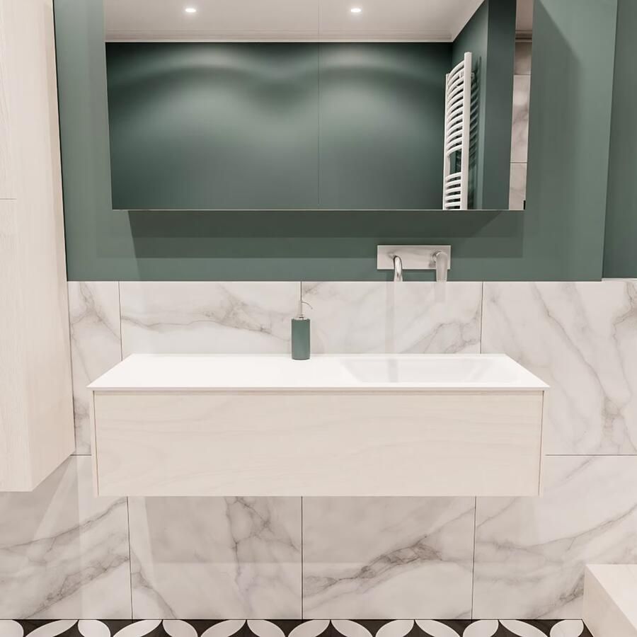 Zaro Lush onderkast 120cm in kleur UNDERLAYMENT met 1 lade Push tot open geschikt voor rechtse wastafel. Compleet met solid surface wastafel cloud M35164met 0 kraangat(en) - Foto 2