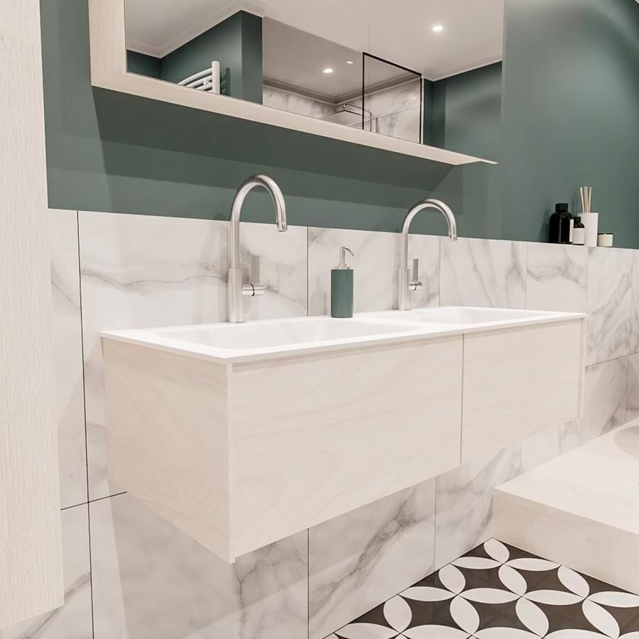 Zaro Lush onderkast 120cm in kleur UNDERLAYMENT met 2 lades Push tot open geschikt voor dubbele wastafel. Compleet met solid surface wastafel cloud M35165met 2 kraangat(en)