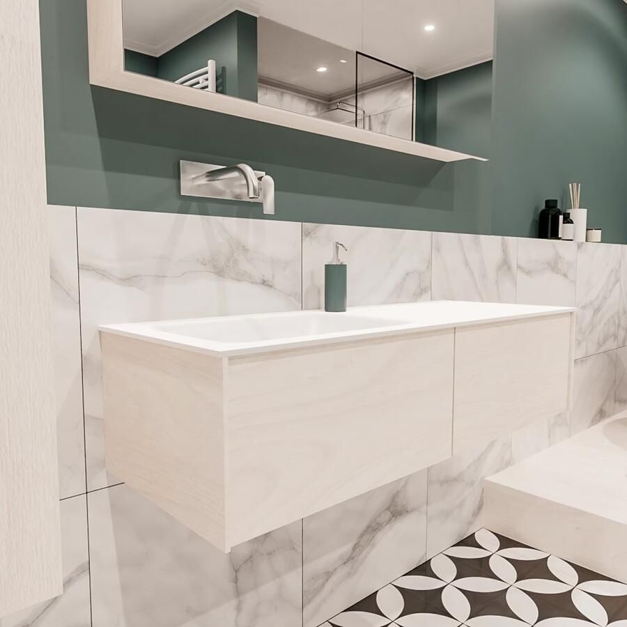 Zaro Lush onderkast 120cm in kleur UNDERLAYMENT met 2 lades Push tot open geschikt voor linkse wastafel. Compleet met solid surface wastafel cloud M35163met 0 kraangat(en)