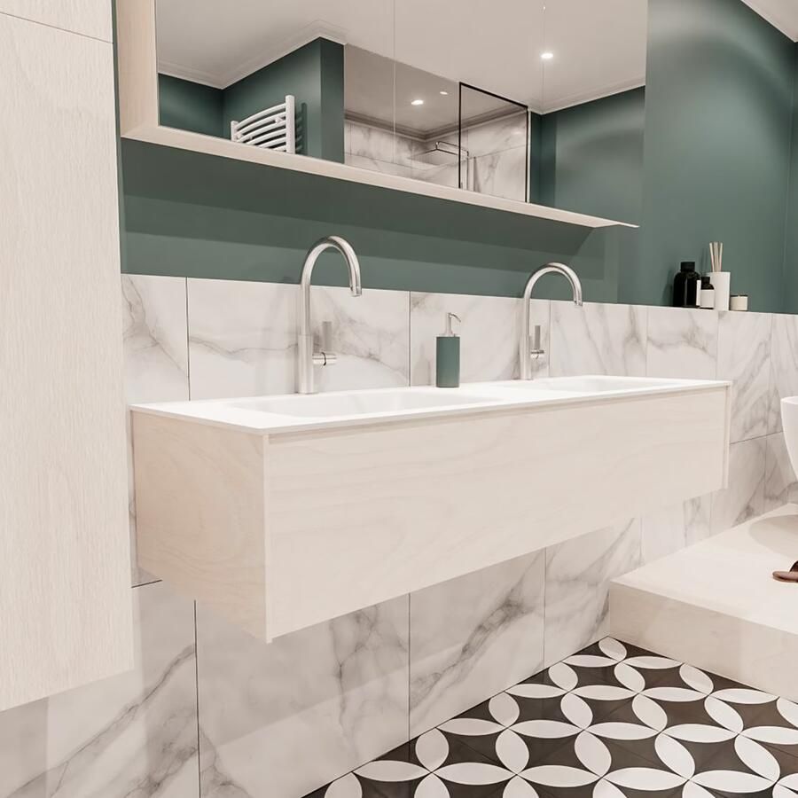 Zaro Lush onderkast 150cm in kleur UNDERLAYMENT met 1 lade Push tot open geschikt voor dubbele wastafel. Compleet met solid surface wastafel cloud M35219met 2 kraangat(en) - Foto 4