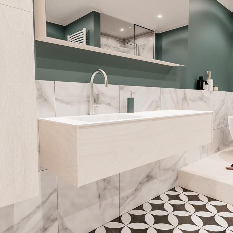 Zaro Lush onderkast 150cm in kleur UNDERLAYMENT met 1 lade Push tot open geschikt voor linkse wastafel. Compleet met solid surface wastafel cloud M35217met 1 kraangat(en) - Foto 4