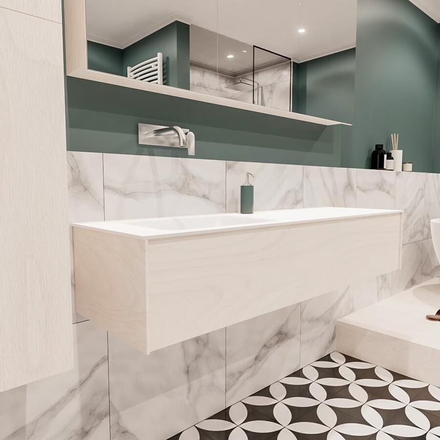 Zaro Lush onderkast 150cm in kleur UNDERLAYMENT met 1 lade Push tot open geschikt voor linkse wastafel. Compleet met solid surface wastafel cloud M35217met 0 kraangat(en)