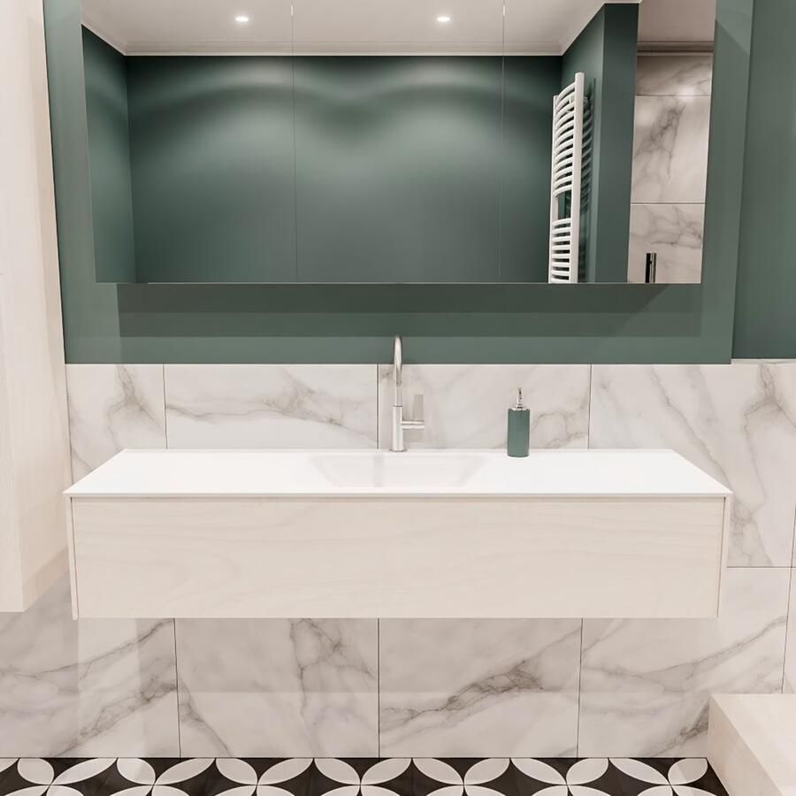 Zaro Lush onderkast 150cm in kleur UNDERLAYMENT met 1 lade Push tot open geschikt voor gecentreerde wastafel. Compleet met solid surface wastafel cloud M35216met 1 kraangat(en) - Foto 2