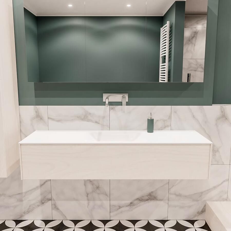 Zaro Lush onderkast 150cm in kleur UNDERLAYMENT met 1 lade Push tot open geschikt voor gecentreerde wastafel. Compleet met solid surface wastafel cloud M35216met 0 kraangat(en) - Foto 2