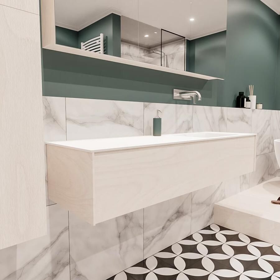 Zaro Lush onderkast 150cm in kleur UNDERLAYMENT met 1 lade Push tot open geschikt voor rechtse wastafel. Compleet met solid surface wastafel cloud M35218met 0 kraangat(en) - Foto 4