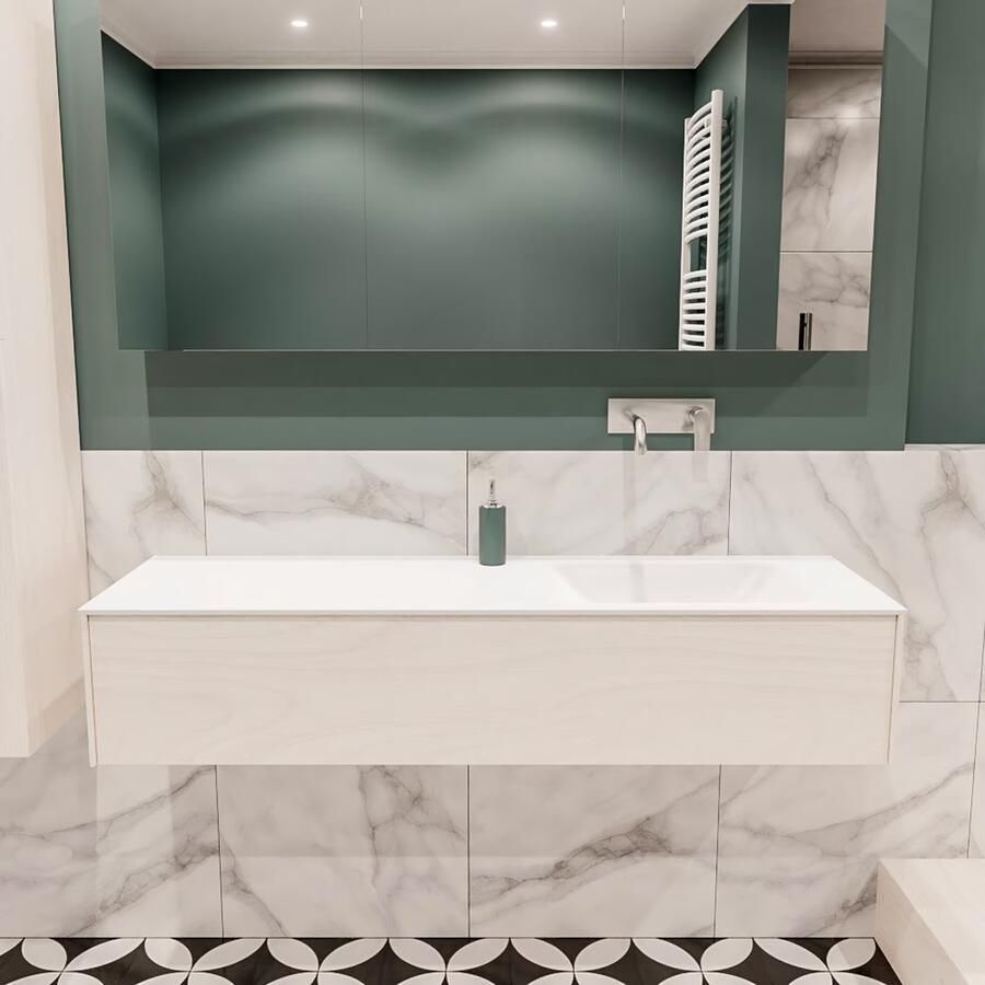 Zaro Lush onderkast 150cm in kleur UNDERLAYMENT met 1 lade Push tot open geschikt voor rechtse wastafel. Compleet met solid surface wastafel cloud M35218met 0 kraangat(en) - Foto 2