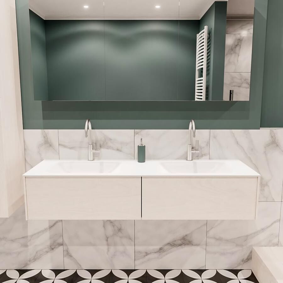 Zaro Lush onderkast 150cm in kleur UNDERLAYMENT met 2 lades Push tot open geschikt voor dubbele wastafel. Compleet met solid surface wastafel cloud M35219met 2 kraangat(en) - Foto 2