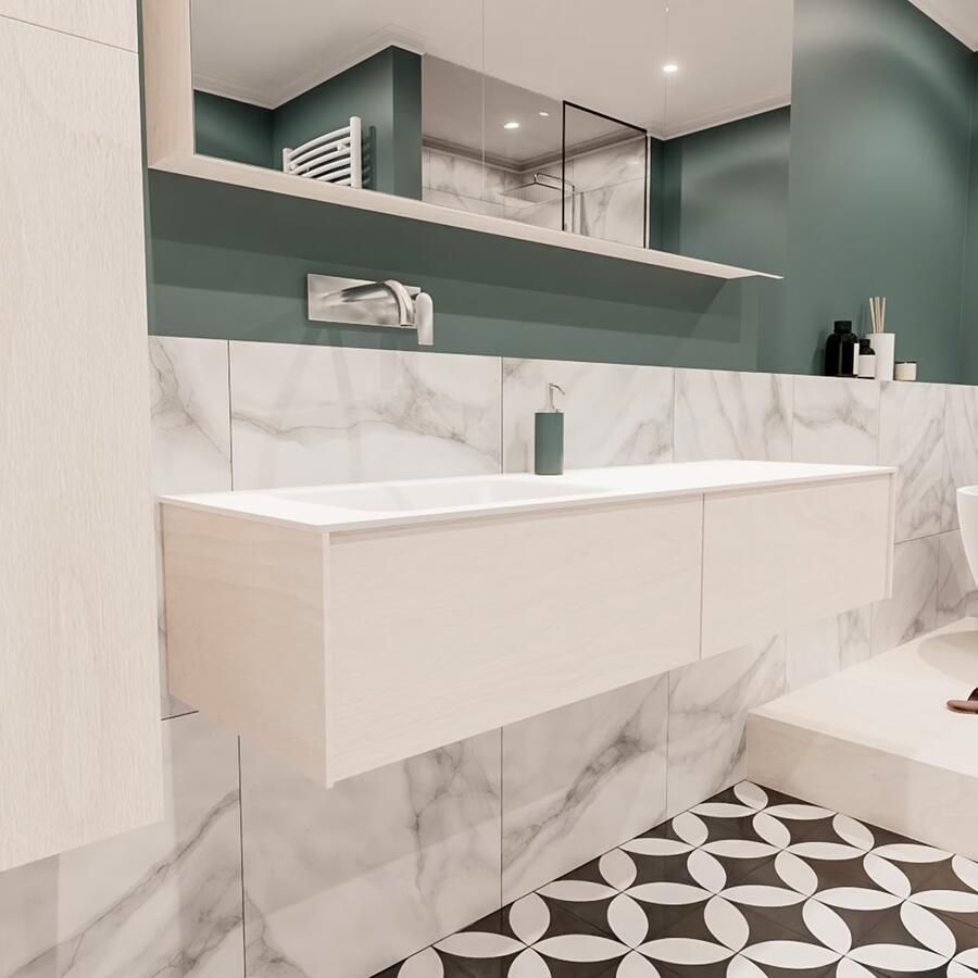 Zaro Lush onderkast 150cm in kleur UNDERLAYMENT met 2 lades Push tot open geschikt voor linkse wastafel. Compleet met solid surface wastafel cloud M35217met 0 kraangat(en) - Foto 4