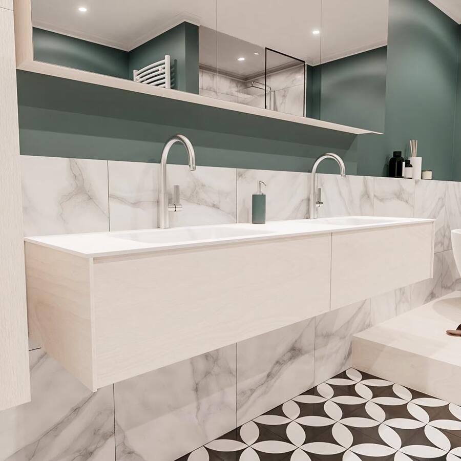 Zaro Lush onderkast 180cm in kleur UNDERLAYMENT met 2 lades Push tot open geschikt voor dubbele wastafel. Compleet met solid surface wastafel cloud M63023met 2 kraangat(en) - Foto 3