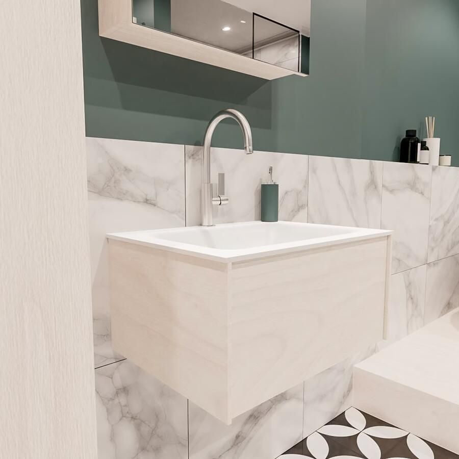 Zaro Lush onderkast 60cm in kleur UNDERLAYMENT met 1 lade Push tot open geschikt voor gecentreerde wastafel. Compleet met solid surface wastafel cloud M35111met 1 kraangat(en)