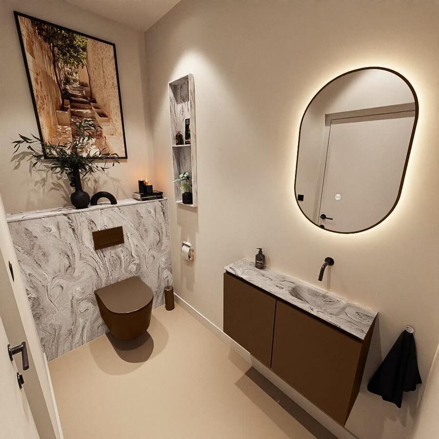 Mondiaz Toiletmeubel Ture Dlux | 80 cm | Meubelkleur Rust | Eden wastafel Glace Rechts | Zonder kraangat