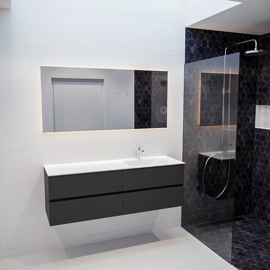 Mondiaz VICA Badkamermeubelset 150cm 4 lades wasbak Cloud rechts 1 kraangat solid surface darkgrey PC75341150 - Foto 1