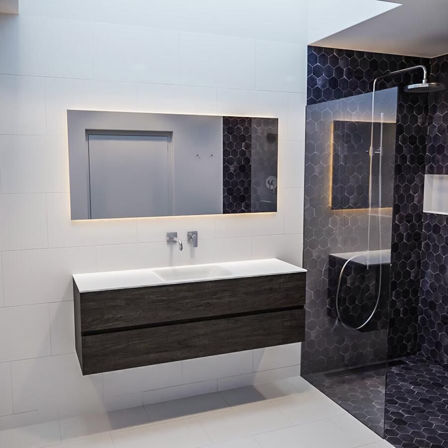 Mondiaz Vica Cloud badmeubel eiken donker bruin 150 cm 2 lades solid surface enkele spoelbak midden zonder kraangat