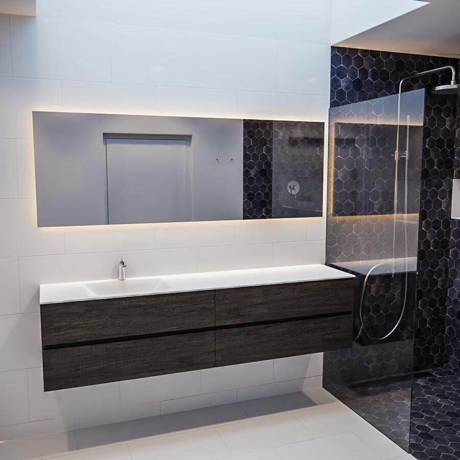 Mondiaz VICA Badkamermeubelset 200cm 4 lades wasbak Cloud links 1 kraangat solid surface dark brown PC75341675 - Foto 1
