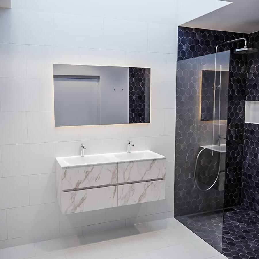 Mondiaz VICA Badkamermeubelset 120cm 4 lades wasbak Cloud dubbel 2 kraangaten solid surface carrara marmer PC75341618
