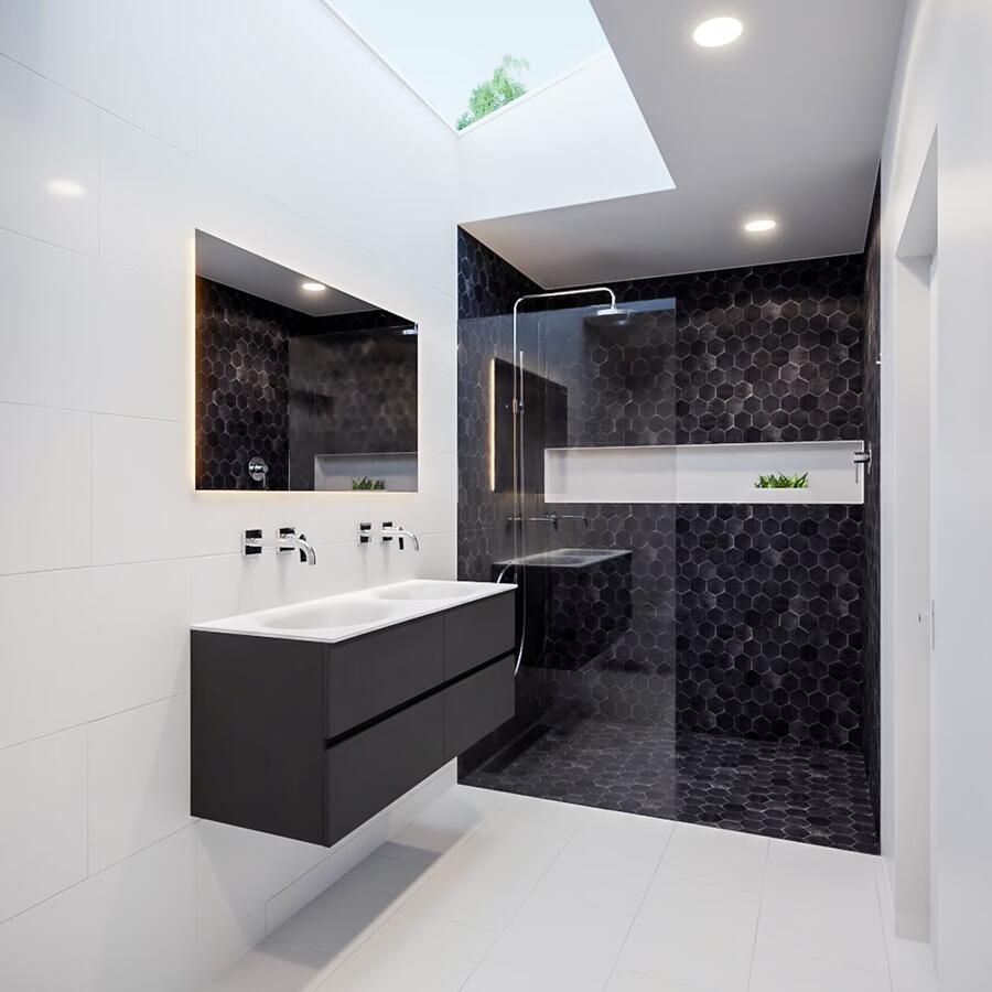 Mondiaz VICA Badkamermeubelset 120cm 4 lades wasbak Moon dubbel 0 kraangaten solid surface darkgrey PC75341112 - Foto 1