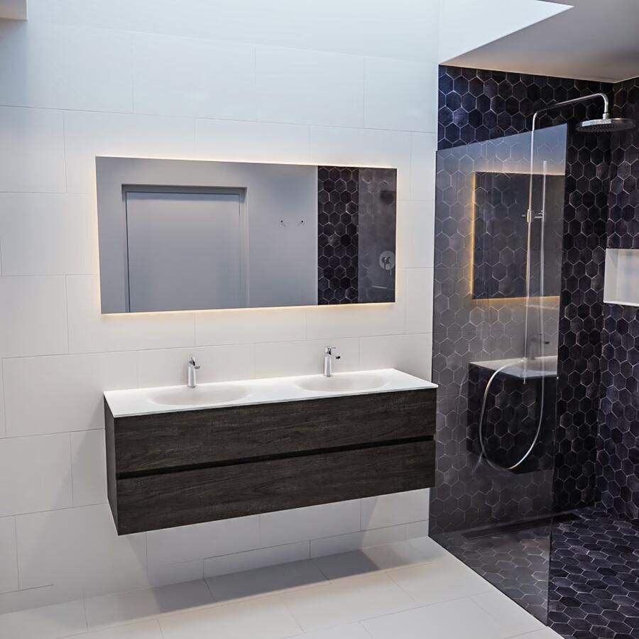 Mondiaz VICA Badkamermeubelset 150cm 2 lades wasbak Moon dubbel 2 kraangaten solid surface dark brown PC75341207 - Foto 2