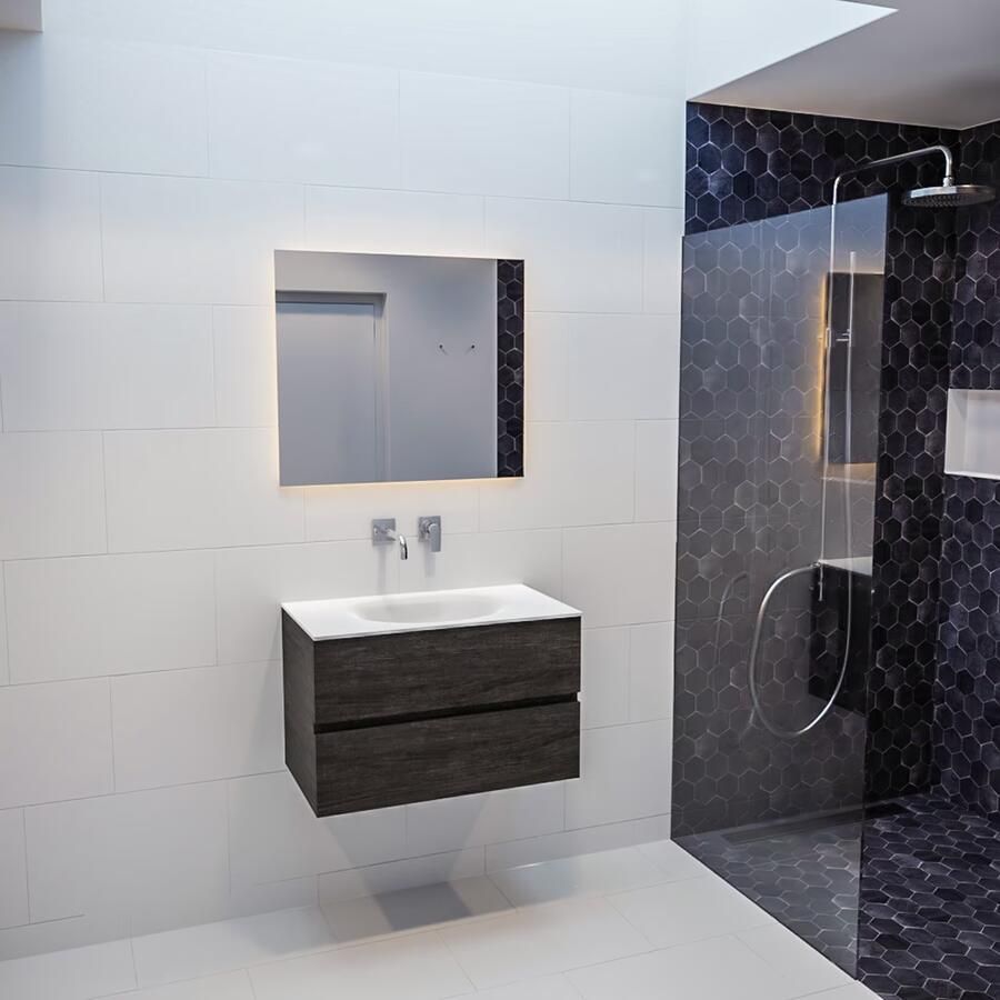 Mondiaz Vica Moon badmeubel eiken donker bruin 80 cm 2 lades solid surface enkele spoelbak midden zonder kraangat - Foto 2