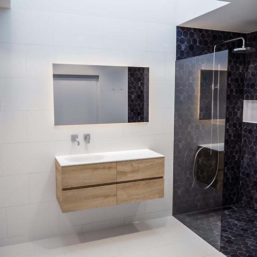 Mondiaz VICA Badkamermeubelset 120cm 4 lades wasbak Moon links 0 kraangaten solid surface washed oak PC75341274 - Foto 2