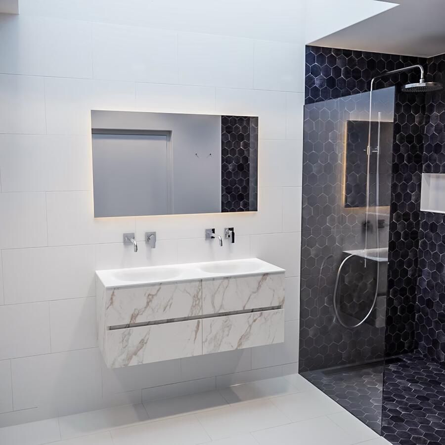 Mondiaz VICA Badkamermeubelset 120cm 4 lades wasbak Moon dubbel 0 kraangaten solid surface carrara marmer PC75341609 - Foto 2