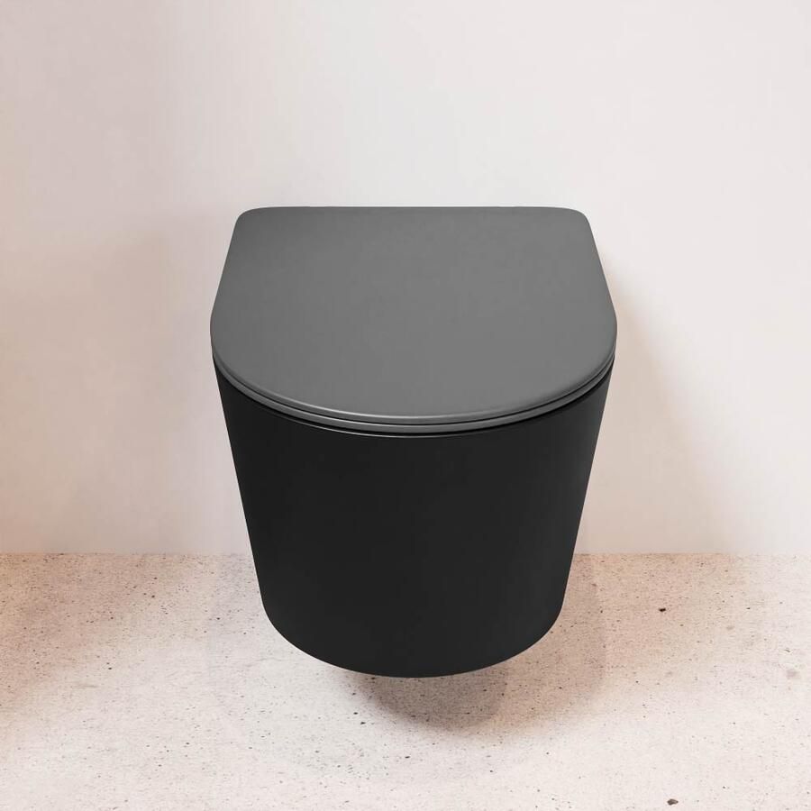 Mondiaz Wandcloset Lavie | Zonder spoelrand | Incl.Toiletzitting-Dark Grey | Keramiek | Urban (zwart mat)