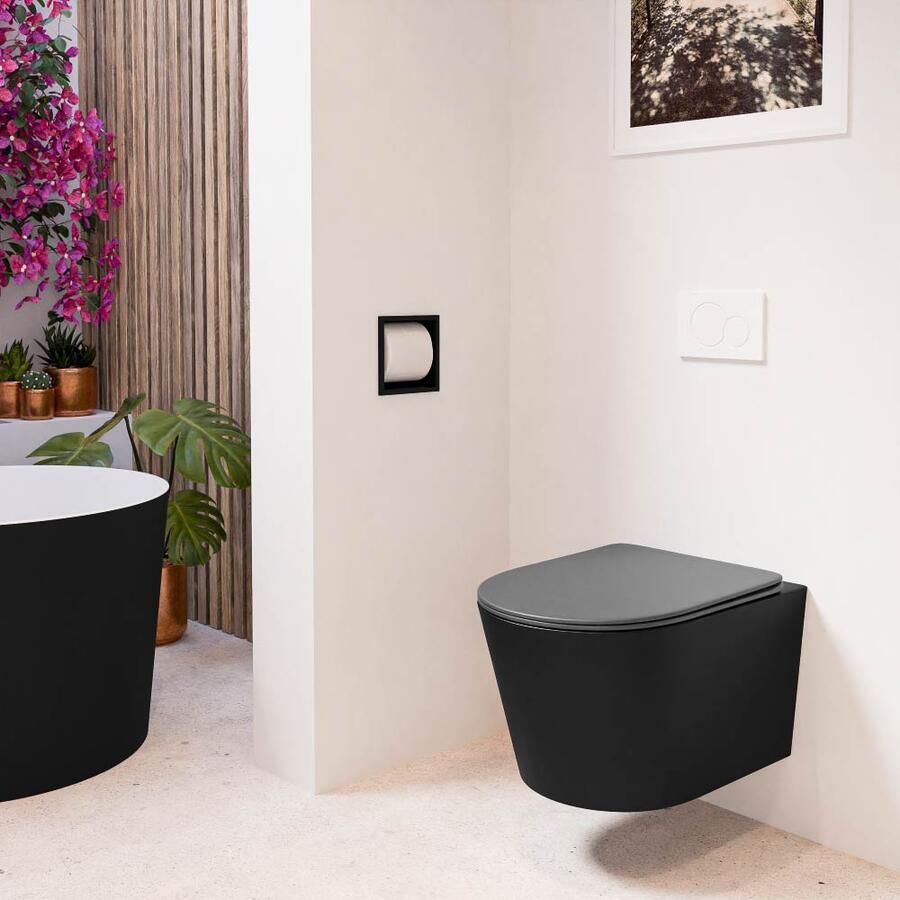 Mondiaz Wandcloset Lavie | Zonder spoelrand | Incl.Toiletzitting-Dark Grey | Keramiek | Urban (zwart mat) - Foto 2