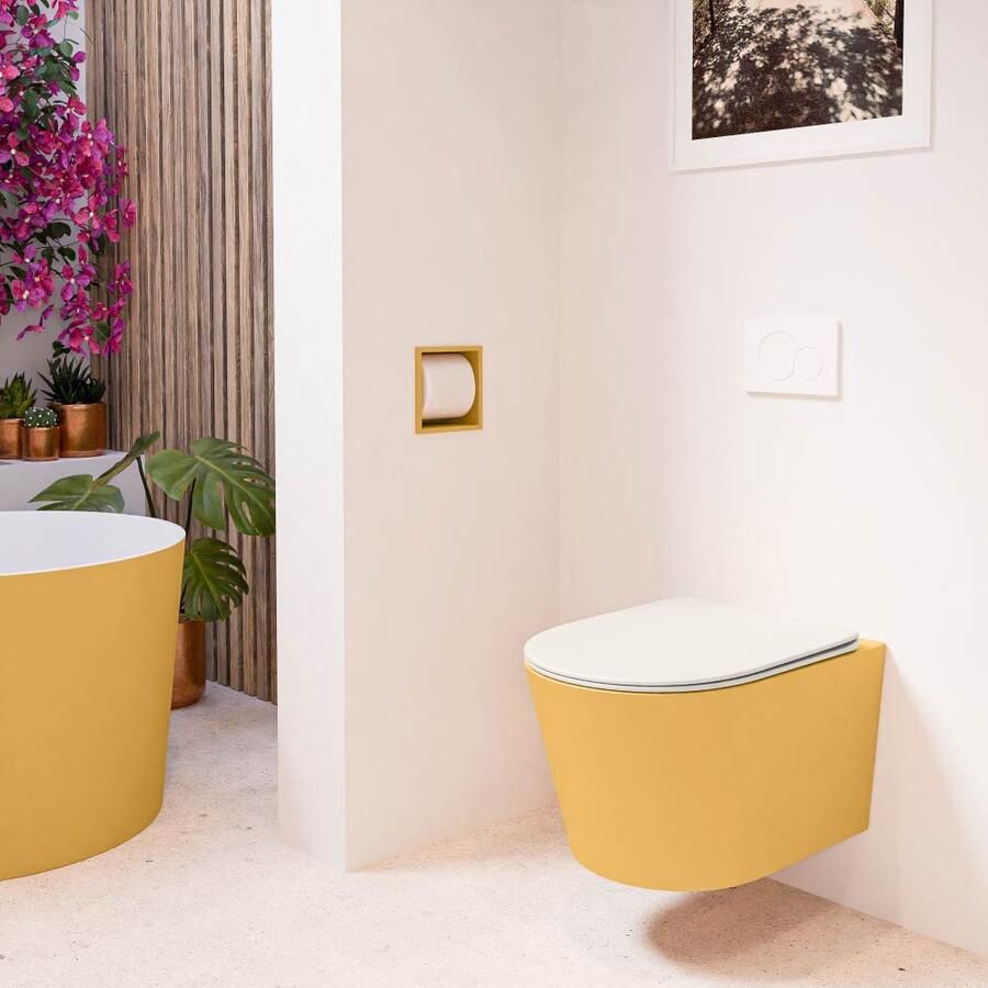 Mondiaz Wandcloset Lavie | Zonder spoelrand | Incl.Toiletzitting-Linen | Keramiek | Ocher (geel)